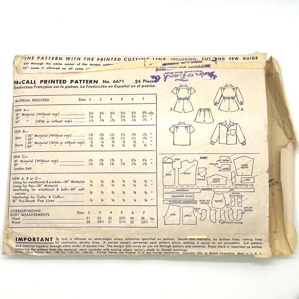 McCall Vintage 1946 Pattern #6671 Boys 2‎ Piece Shorts Suit Size 6